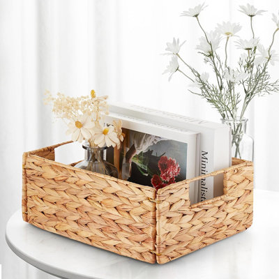Rangement tissé en jacinthe d'eau avec poignées - Panier à linge et bac de rangement en rotin pour tablettes