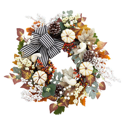 Fall  for Front Door, 20" Autumn Pumpkin  with Leaves Pine Cones Bow