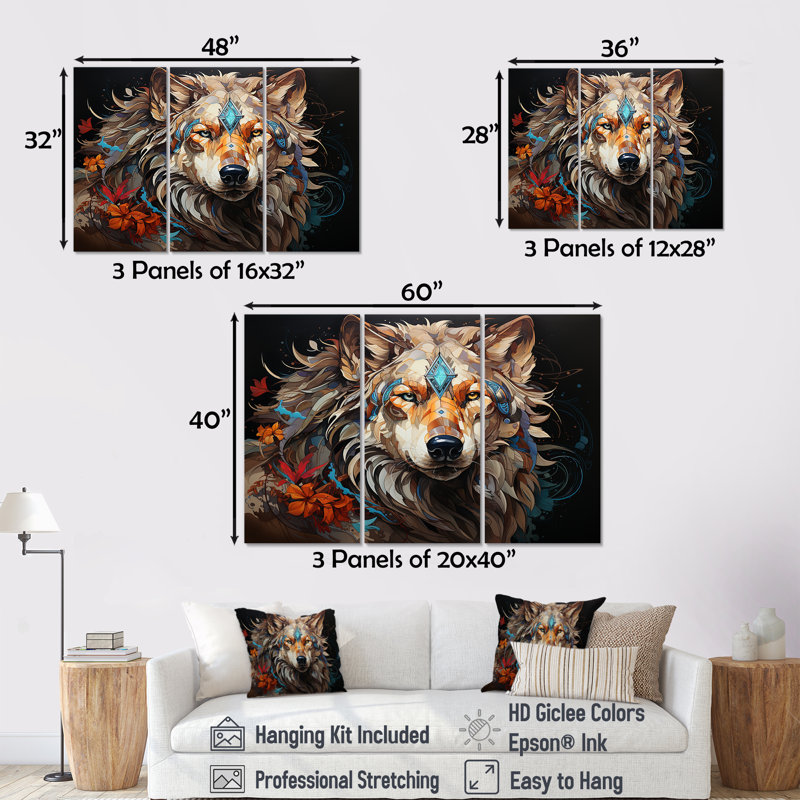 «Native Spiried Lakota Wolf», ensemble d'art sur toile Native American, Toile tendue, H 32 po x l 48 po x P 1 po