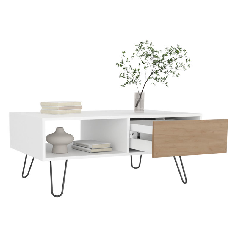 Blanc - Table basse rectangulaire en chêne naturel, avec tiroir et tablette ouverte pour le salon