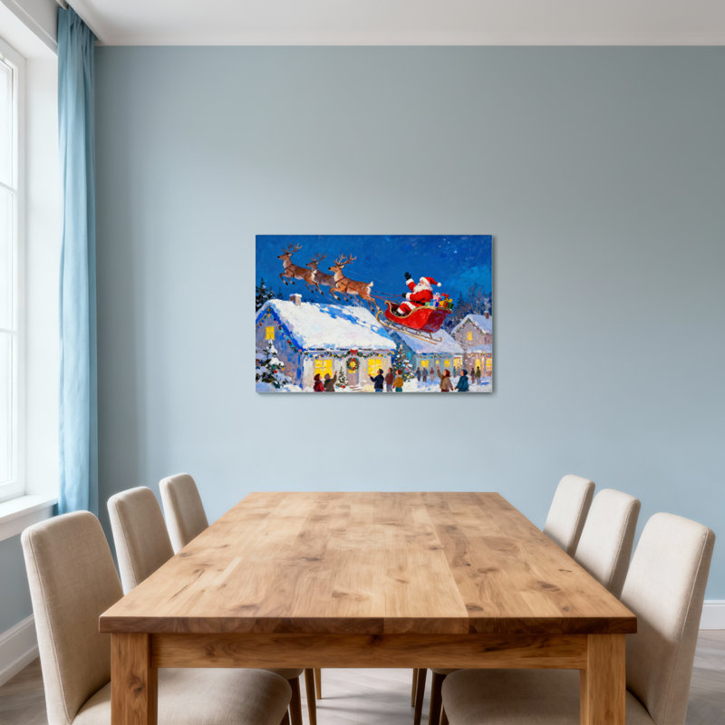 Père Noël de Noël survolant des maisons de village enneigées, H 24 po x l 36 po