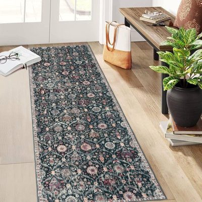 Moroccan Trellis Washable Area Rug, Rug Soft Non-Slip, Non-Shedding Distressed Circle Carpet For Bedroom Living Room Bathroom Nursery Kitchen, Black/Multi