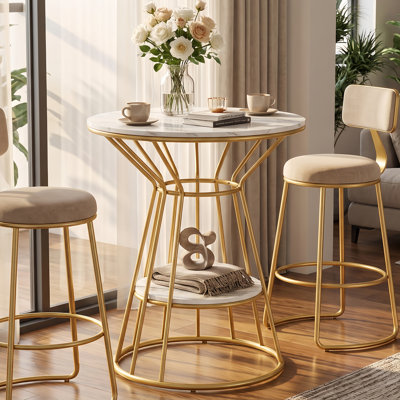 31.5" Modern Round Bar Table with Gold Metal Frame, 2-Tier Faux Marble High Top Pub Table, Elegant Bistro Cocktail Table for Kitchen, Dining Room & Small Spaces