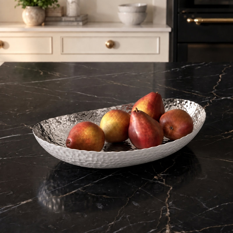 Bol à fruits en métal martelé à la main pour comptoir de cuisine, 12,75 po, Blanc / Nickel
