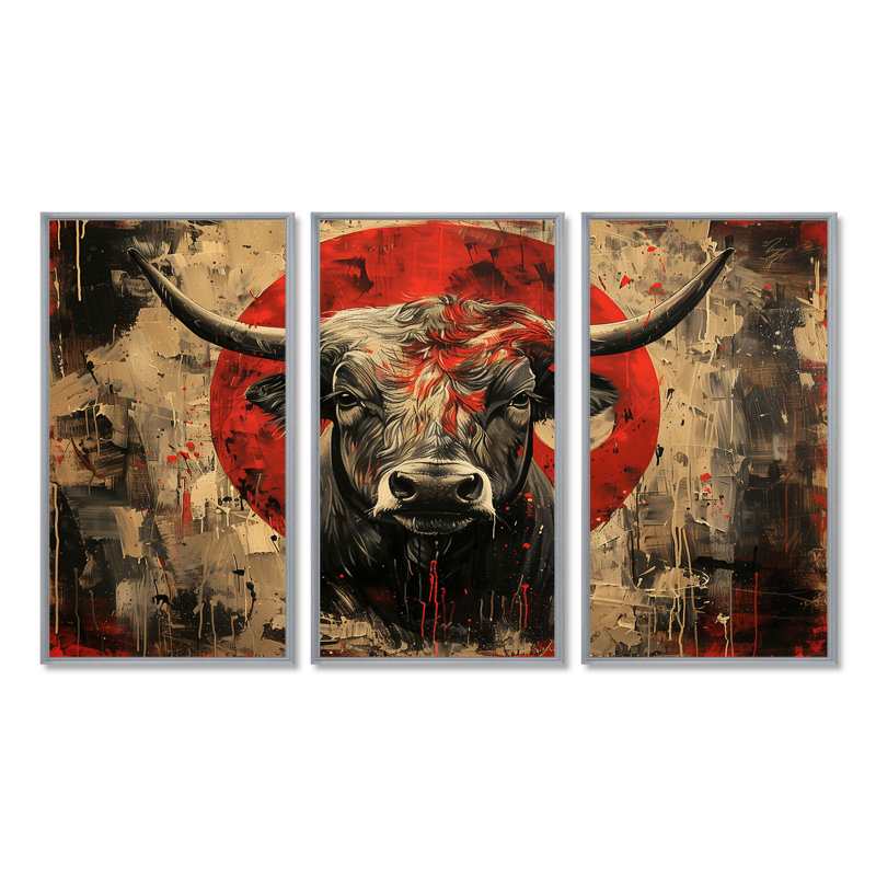 Taureau rouge «Astrology Bulls Courage» - ensemble d'art mural bovins, Encadrement argenté, H 28 po x l 36 po