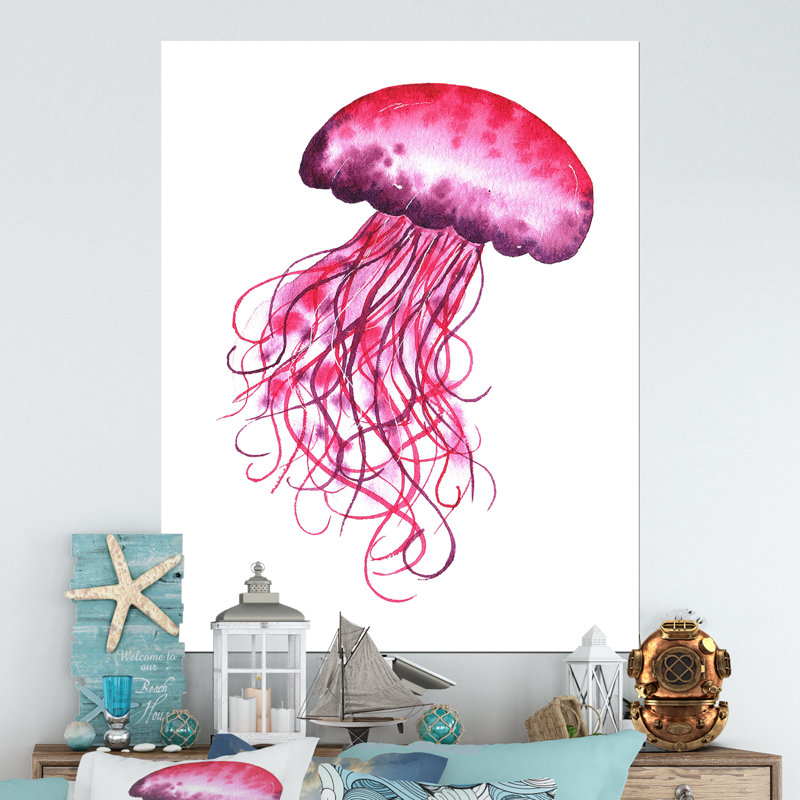 Adorable méduse rose méduse - Décoration murale nautique et côtière en toile, L 30 po x H 40 po x P 1,5 po, Toile tendue