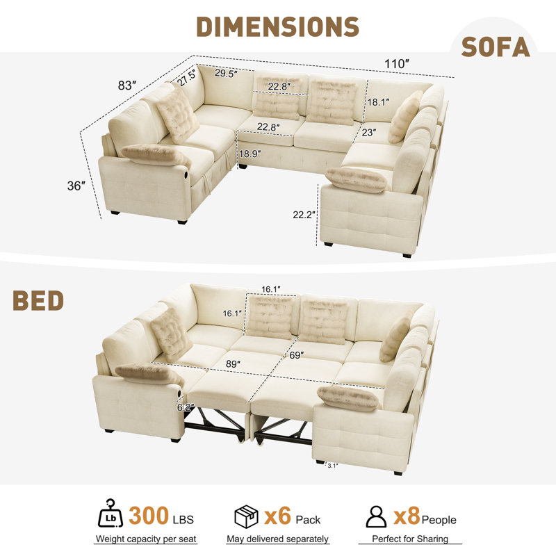 Canapé-lit modulaire en U en chenille de 110 po avec lit escamotable et siège de rangement Macleod, BEIGE
