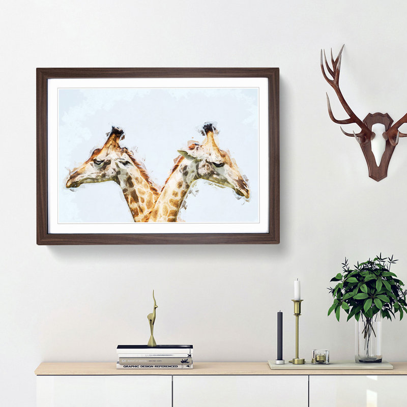 Giraffes Looking Both Ways - Picture Frame Graphic Art Print on MDF, Walnut Framed, 27cm H x 36cm W x 2cm D