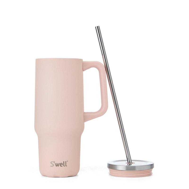 S'well Recycled Stainless Steel Tumbler XL With Straw And Handle, Powder Blue, 30 Ounce, Pink