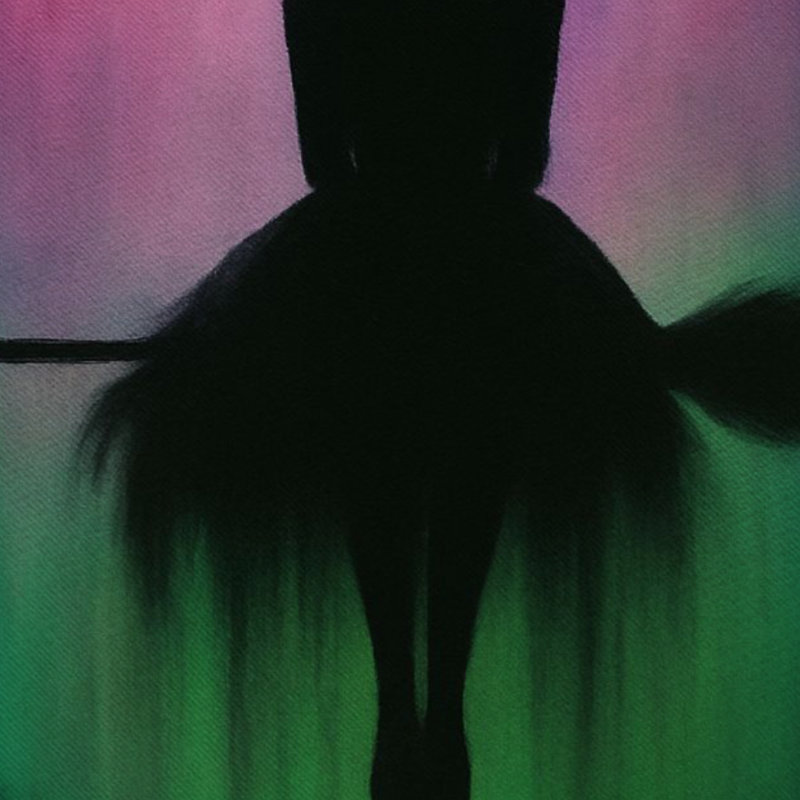 Silhouette de sorcière sur un balai, tableau abstrait numérique sur toile tendue sur châssis, 61 cm (H) x 91 cm (L), prêt à accrocher.