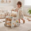 Poussette et centre d'activités en bois avec jeu de rôle, trieur de formes et rangement