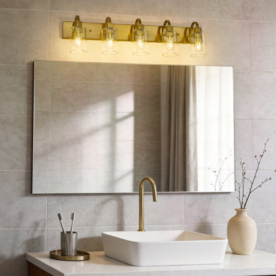 Éclairage de salle de bain 5 lumières à intensité variable moderne, abat-jour en verre transparent, or brossé