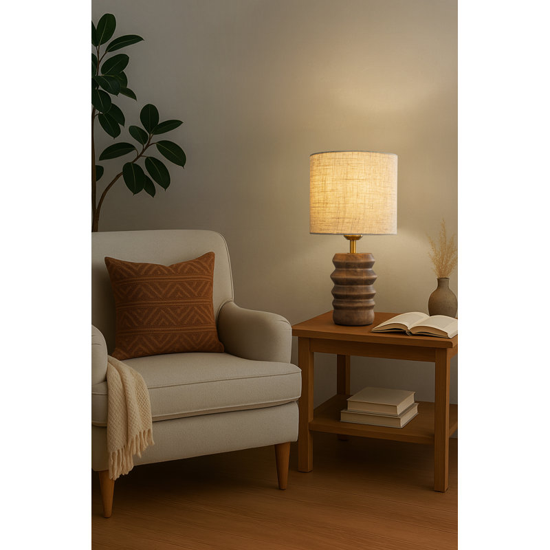 15'' Japandi Solid Wood Base Table Lamp Modern Classic Nightstand Lamp with Beige Fabric Shade for Bedside Foyer Dining Room