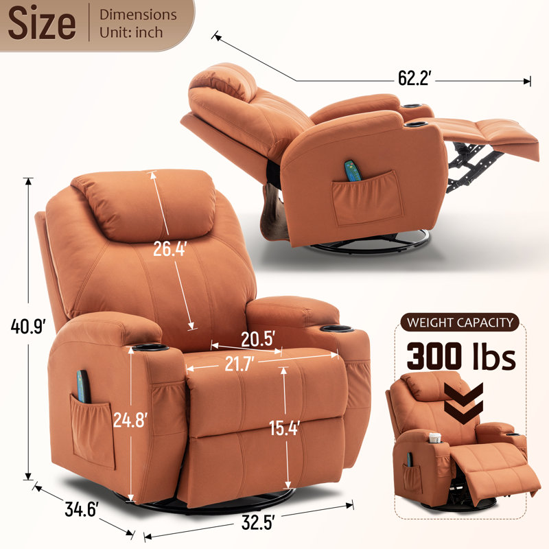 Orange Microfiber Swivel Recliner with Massage and Heat