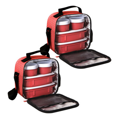  Insulated Lunch Bag with Containers, Thermal Lined Lunch Box, Reusable Leak Proof Containers for Work, Travel, and Beach, Red Polka Small Lunch Bag with Adjustable Strap, Easy to Clean,2 Pack