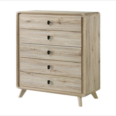 1Pc Mid-Century Natural Textures Warm, Wood-Inspired Finish Ample Drawer Space Five Drawers Tall Chest Storage Wooden Furniture