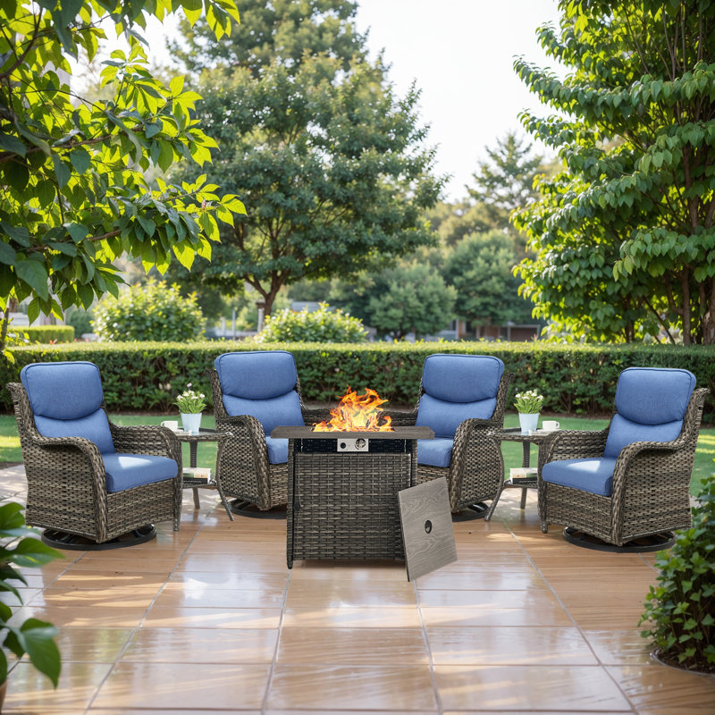 Simle 7-Piece Outdoor Seating Group PE Wicker Swivel Glider Chair With Cushions And Side Table, Gray, Blue