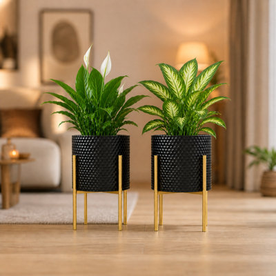 Ensemble de 2 petites jardinières en métal noir avec pattes dorées - pots à plantes d'intérieur minimalistes modernes pour la décoration intérieure