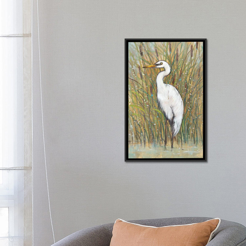 «White Egret I», reproduction sur toile, H 26 po x l 18 po x P 1,5 po, Toile avec cadre noir, Pas de tapis