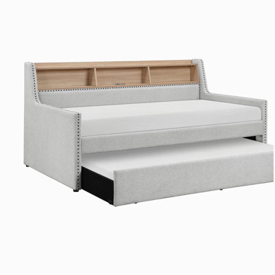 1pc Light Gray Daybed with Pull-Out Trundle Bookcase Side Panel Charging Ports Nailhead Trim Modern Design Furniture