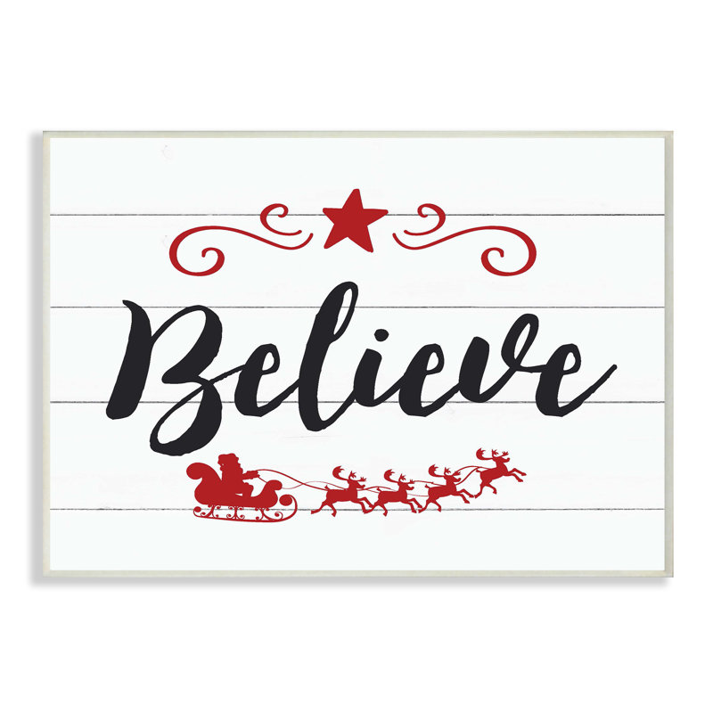 Holiday Believe Elegant Typographie with Sleigh and Star - impression d'art textuel, Plaque murale