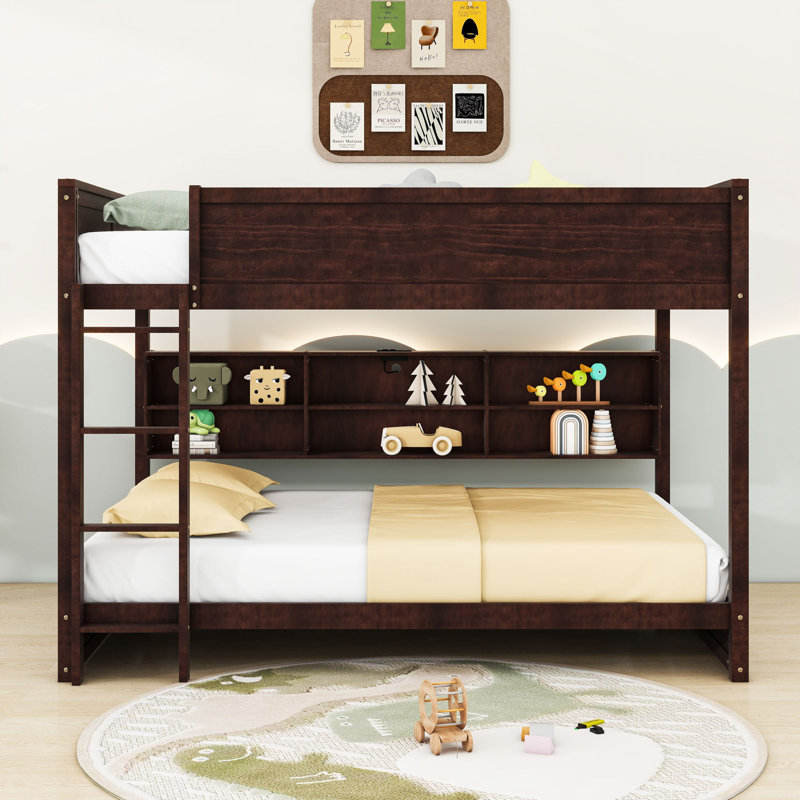 Queen-Over-Queen Bunk Bed With Shelves And Charging Station, Brown