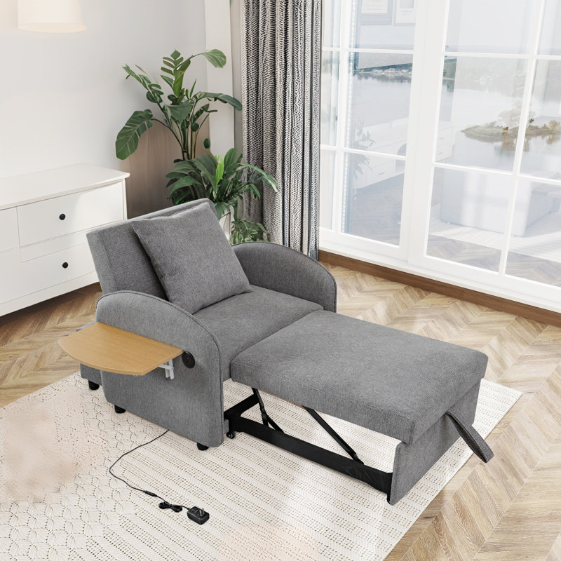 35.3'' Wide Convertible Single Chair With Reclining Backres T& Side Table,3-In-1 Linen Pull Out Sleeper With USB Ports & Pollow