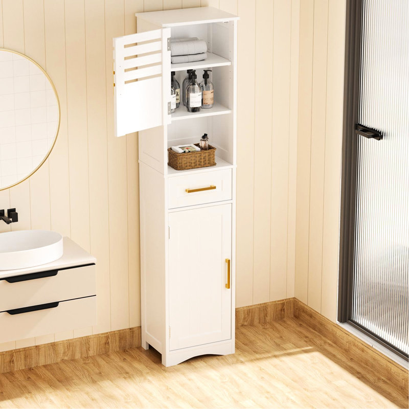 Armoire de salle de bain haute avec tiroir et portes - tablettes réglables, armoire blanche 1 tiroir, 2 portes et matériau
