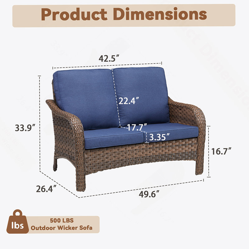 49.6 Inch PE Wicker Rattan Outdoor Patio Loveseat, Blue Deep Seat Cushions For Elegant And Durable Seating, Blue