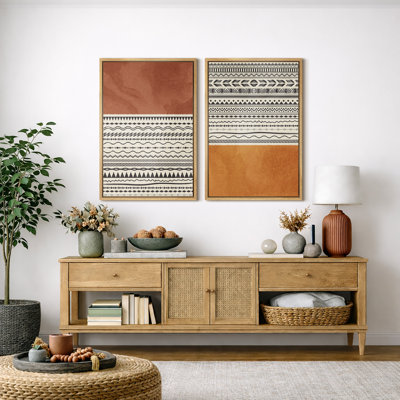 Geometric Line "Orange Brown Tribal Boho Artwork, Abstract Bohemian Wall Pictures, Framed Canvas Giclée Print 2 Pieces Wall Art"