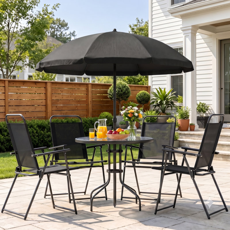 Ashlene 4-Person Patio Dining Set with Foldable Chairs and Umbrella, Black