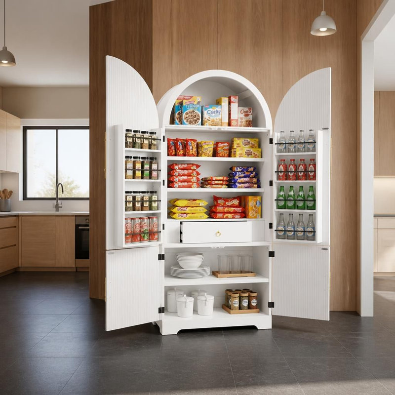 Armoire de cuisine cintrée de 183 cm de haut avec 8 tablettes de porte ajustables, 3 étagères intérieures réglables, un tiroir dissimulé, un design à panneaux cannelés, un système antibasculement et un meuble de rangement polyvalent pour la cuisine, la salle à manger, la salle de bain, le salon ou le bureau.