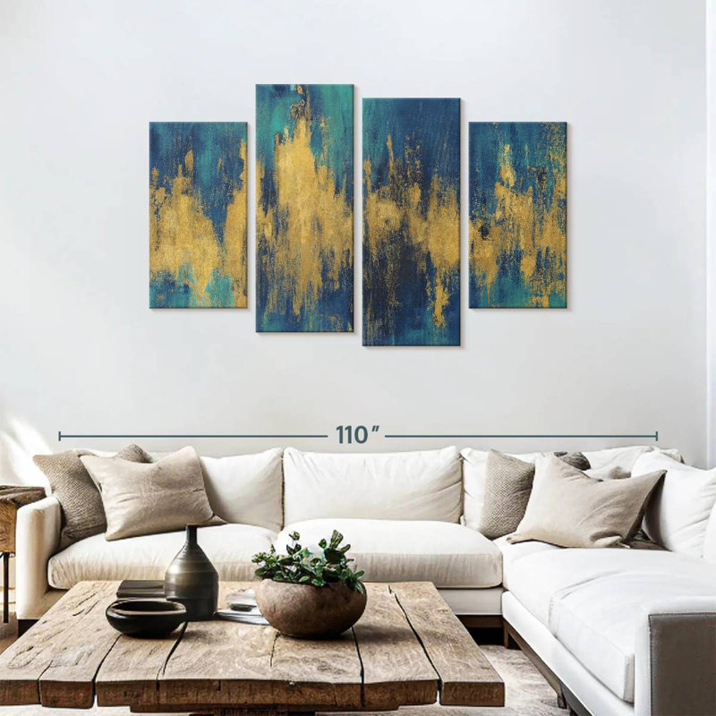 Avery abstrait bleu foncé et or, H 48 po x l 75 po