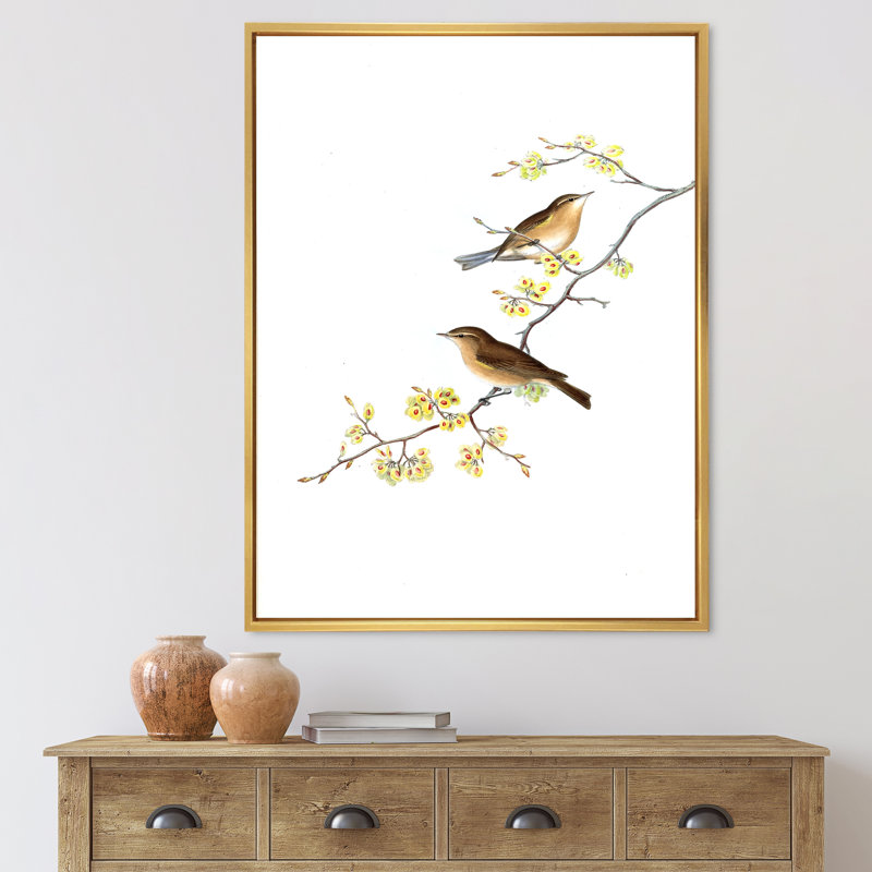 Little Birds On The Tree Branches II - Print on Canvas, Gold Floater Frame, 20" H x 12" W x 1" D