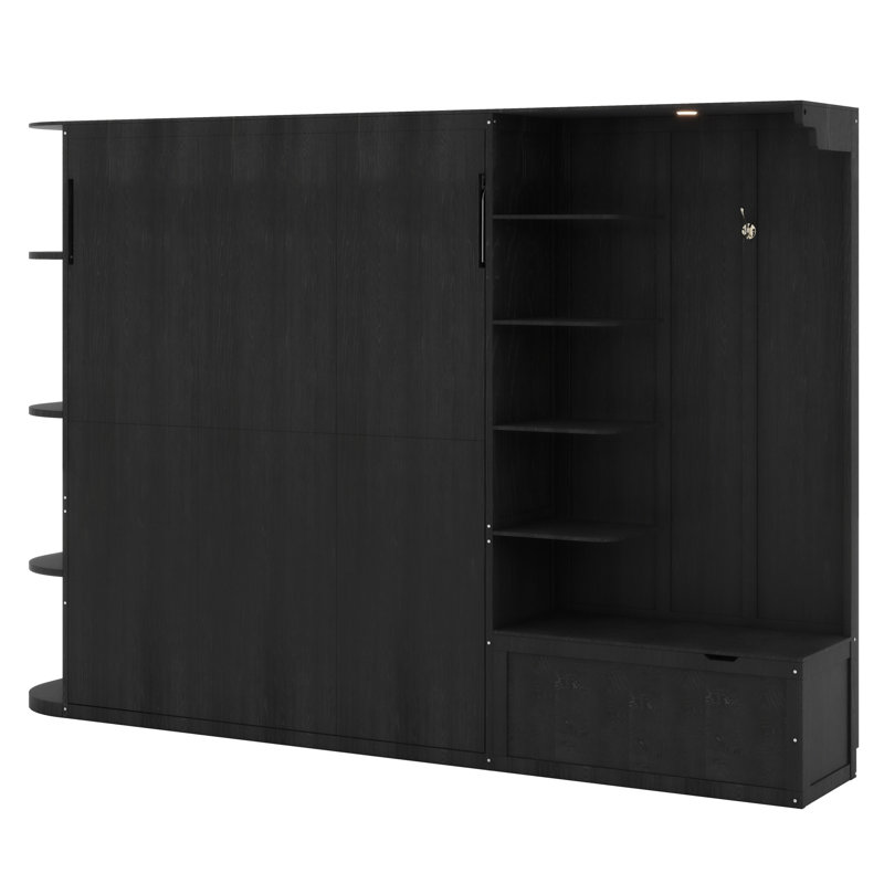 Lit escamotable moderne avec lumières intégrées, grandes tablettes, armoires et crochet de suspension, Noir