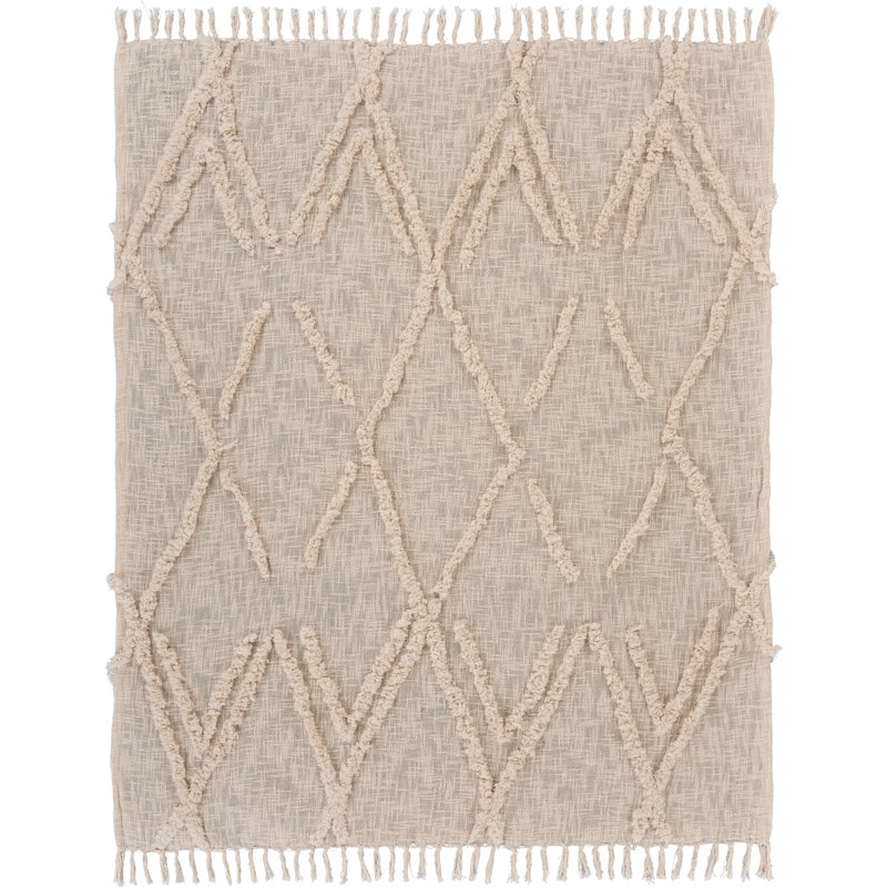 Handwoven Tufted Cotton Throw Blanket, Beige, Beige