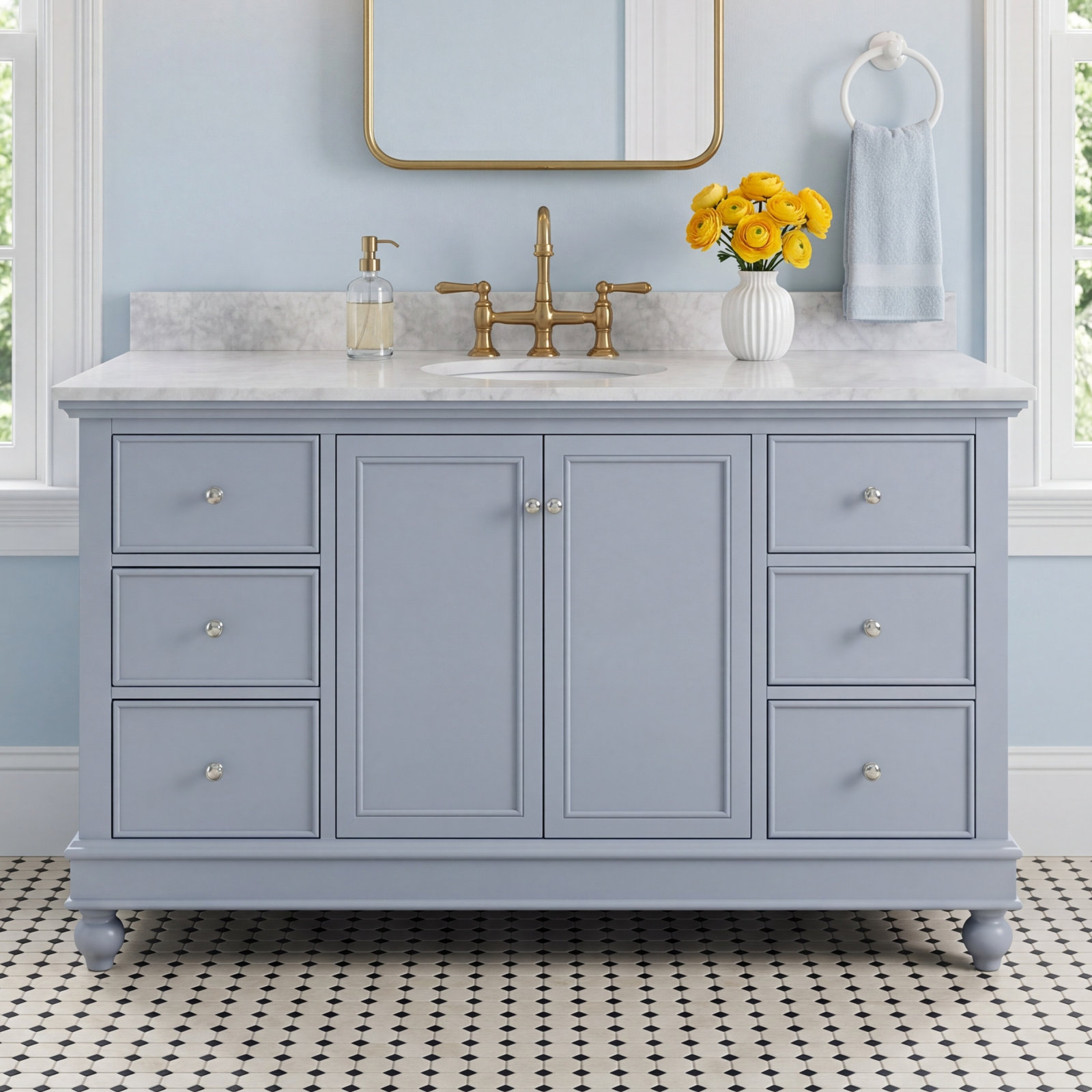 Ferdinand 60'' Single Bathroom Vanity, Carrara Marble, Powder Blue