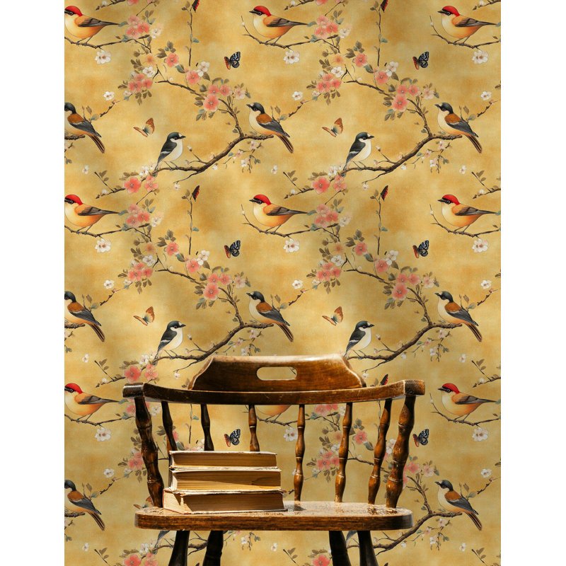 Rouleau de papier peint à motif de cerisiers en fleurs rétro avec motif floral jaune doré