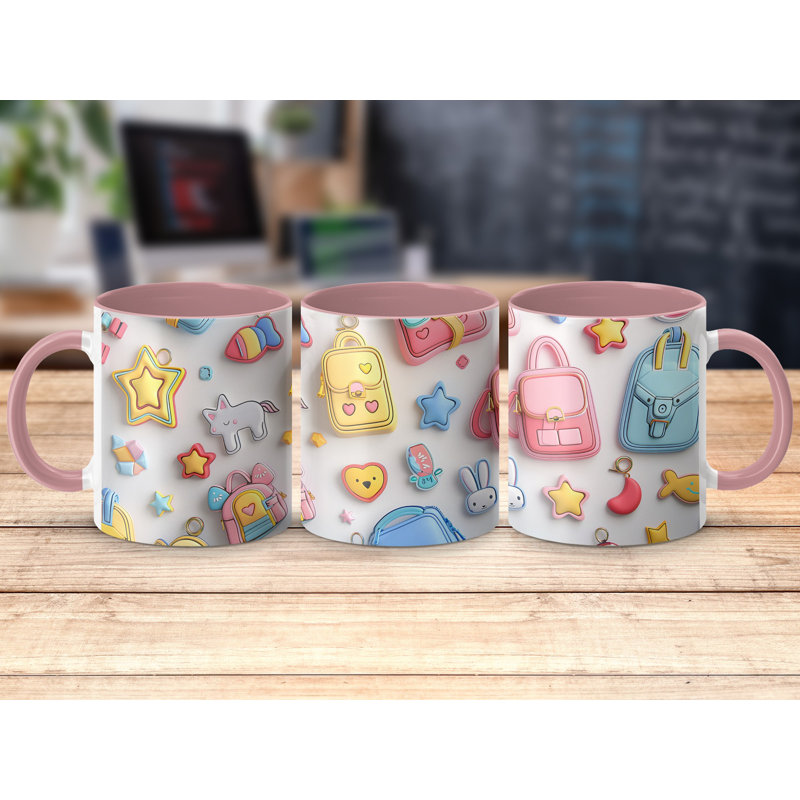 Kids Drawing Style 11oz Accent Mugs – Ceramic Coffee Cup with a Pink Handle and Interior