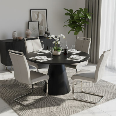 Oreste Mid-Century Modern 5-Piece Dining Set With Faux Leather Chairs And Round Wood Table