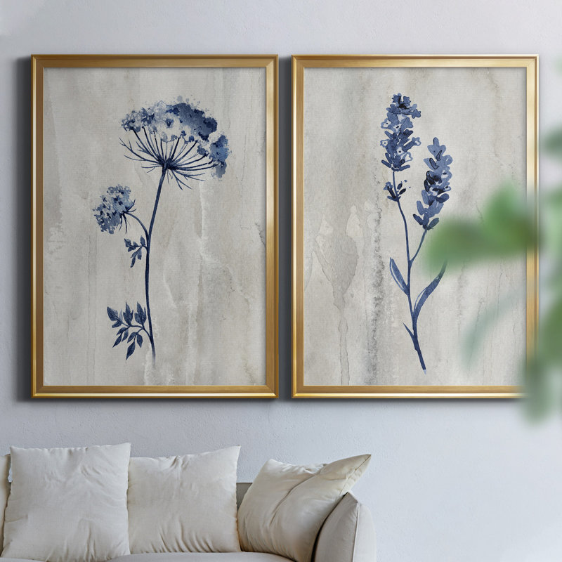«Indigo Botanical I», ensemble de 2 reproductions d'impressions, Toile encadrée, H 30,5 po x l 85 po, Doré