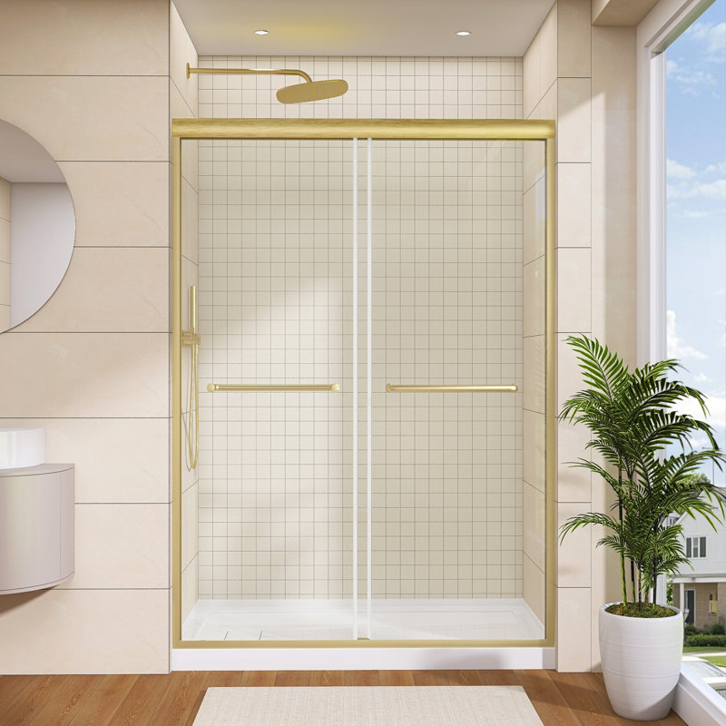44'' - 48" W X 75'' H Double Sliding Shower Door Modern Framed Aluminum Bypass Door with 5/16'' Tempered Glass in Brushed Gold
