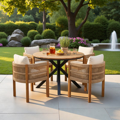 5-Piece Outdoor Dining Set with Round Table & 4 Rope Handles Chairs