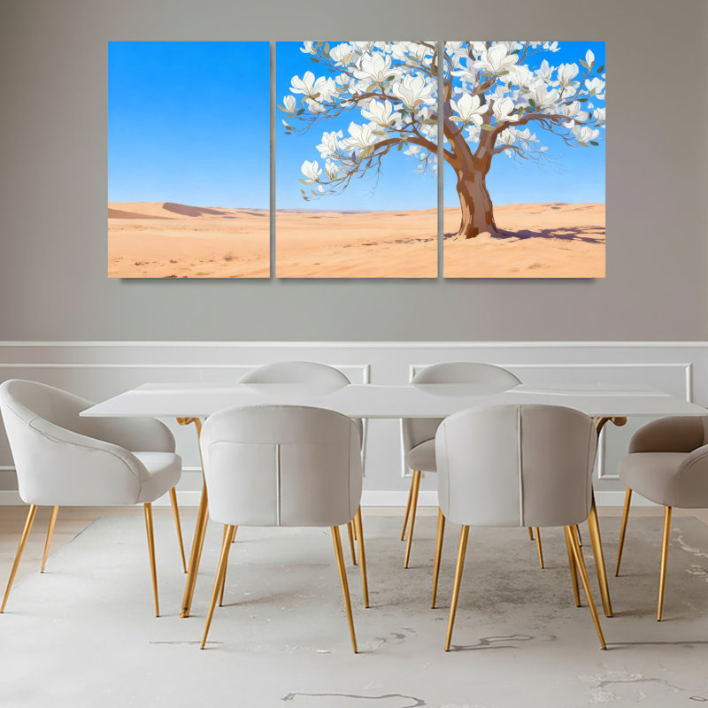 Ensemble de 3 tableaux muraux sur toile représentant un arbre en fleurs du désert, H 18 po x l 36 po