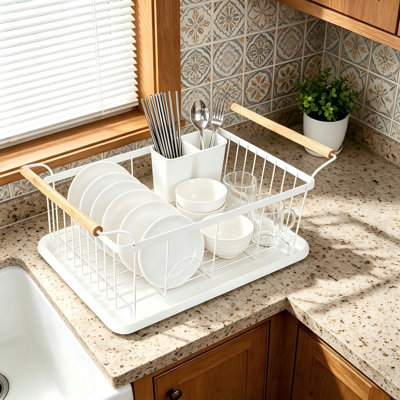 Dish Drying Rack with Wooden Handles, No Assembly, White