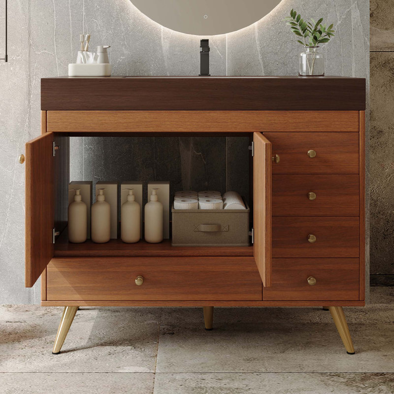Meuble-lavabo autoportant avec comptoir en faux marbre, lavabo en céramique, 5 tiroirs et pieds en acier inoxydable, Noyer