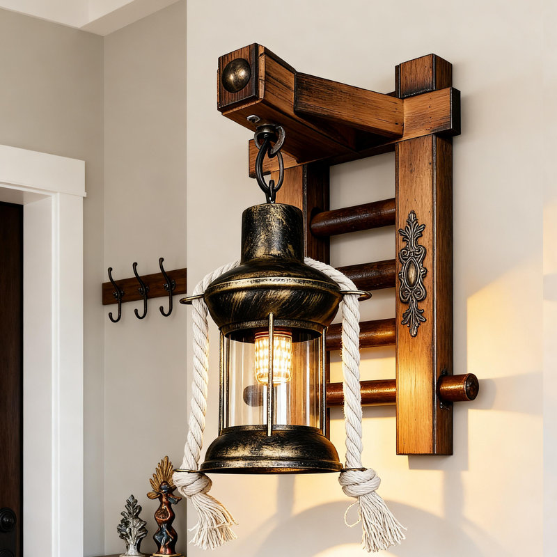Lampe murale antique avec plaque en bois rustique rétro