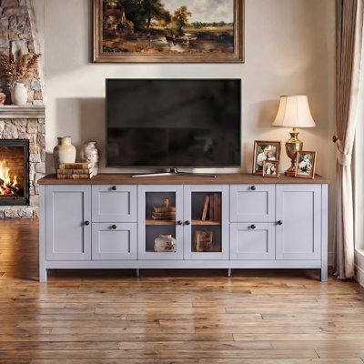 Large Modern Farmhouse Entertainment Center With 4 Drawers, Tempered Glass Doors And Adjustable Shelves, 90.6" TV Stand In Light Purple And Oak