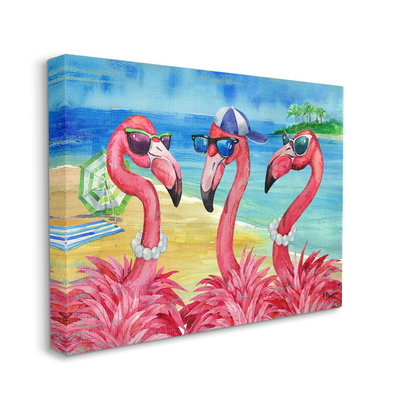 Flamingo Friends Tropical Island Coast par Paul Brent - peinture sur toile tendue, H 24 po x l 30 po x P 1,5 po