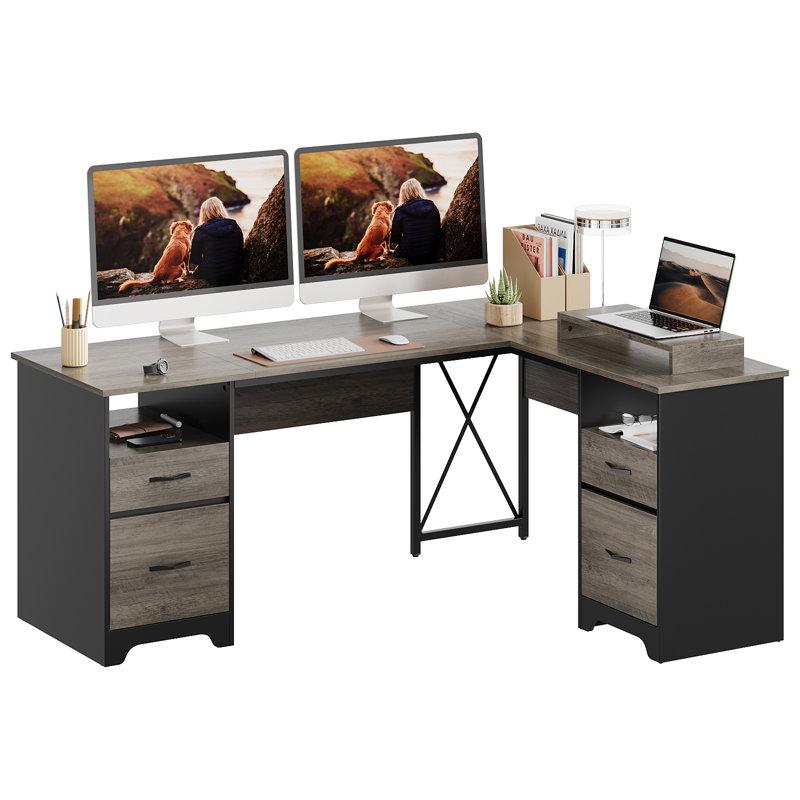 Daymen 63'' L Shaped Home Office Desk with 2 File &Storage Drawers, Corner Executive Desks with Monitor Stand and Open Compartments
